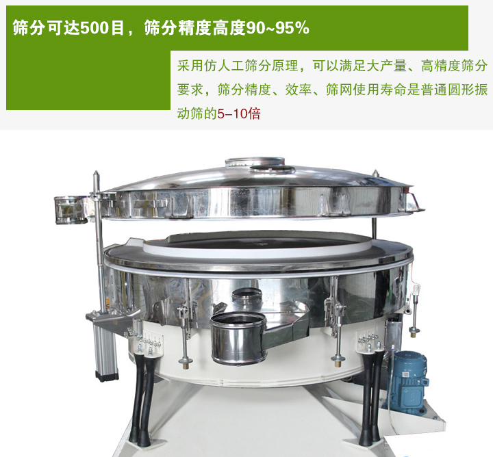 搖擺篩分機(jī)采用仿人工篩分原理，可以滿足大產(chǎn)量、高精度篩分 要求，篩分精度、效率、篩網(wǎng)使用壽命是普通圓形振 動(dòng)篩的5-10倍