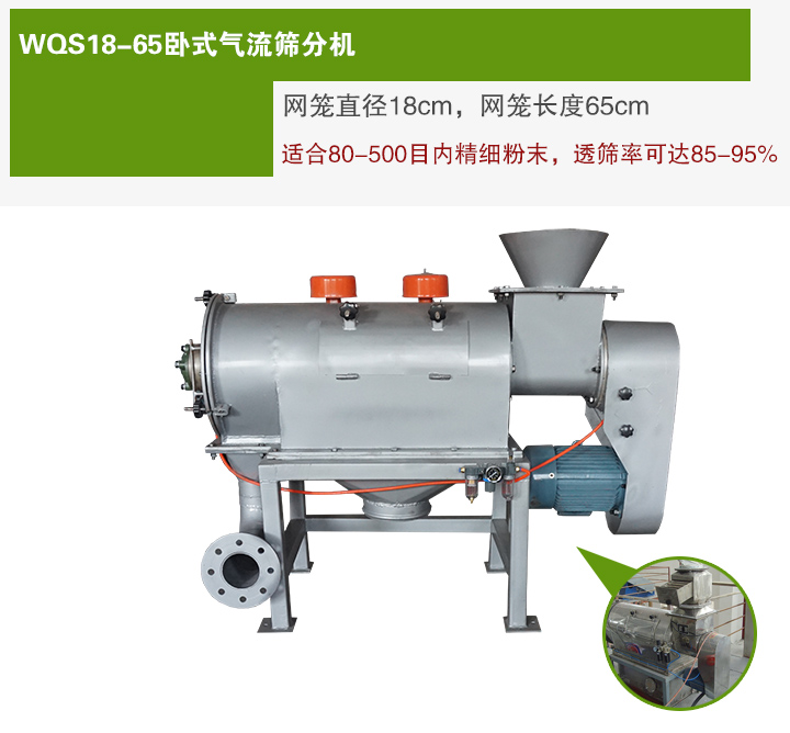 WQS18-65臥式氣流篩分機(jī)網(wǎng)籠直徑為18cm，網(wǎng)籠長(zhǎng)度為65cm